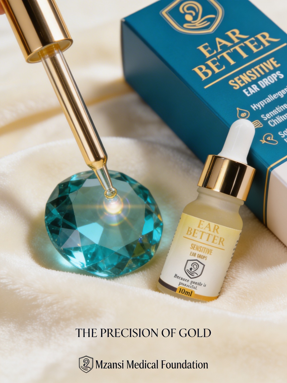 EAR BETTER product with gold applicator on soft fabric